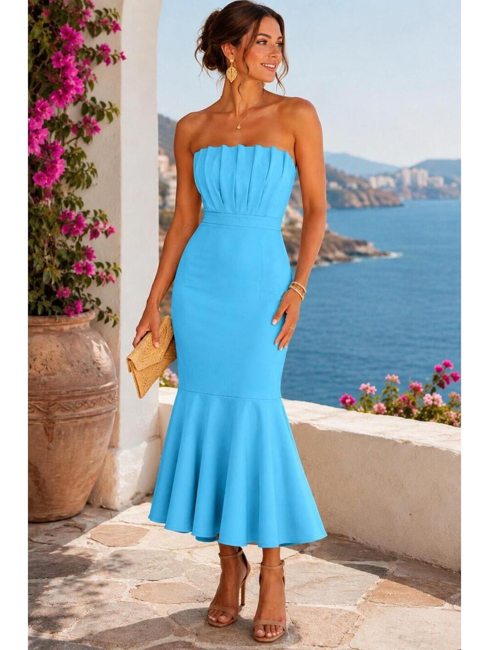 Entro Blue Strapless Mermaid Midi Dress Women Size Large Smocked Back NWT